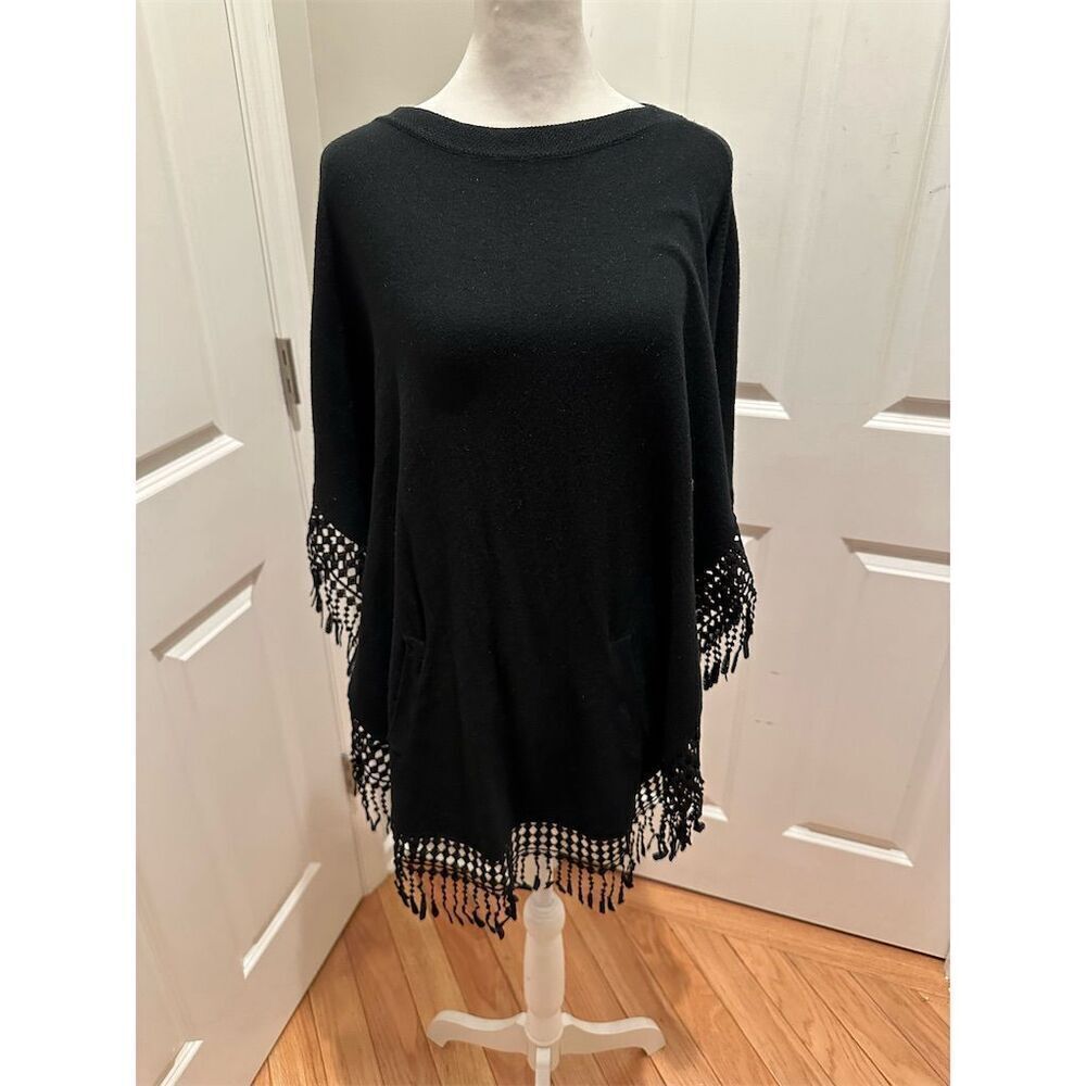 Soft Surroundings Women's Black Poncho with Fringe One Size
